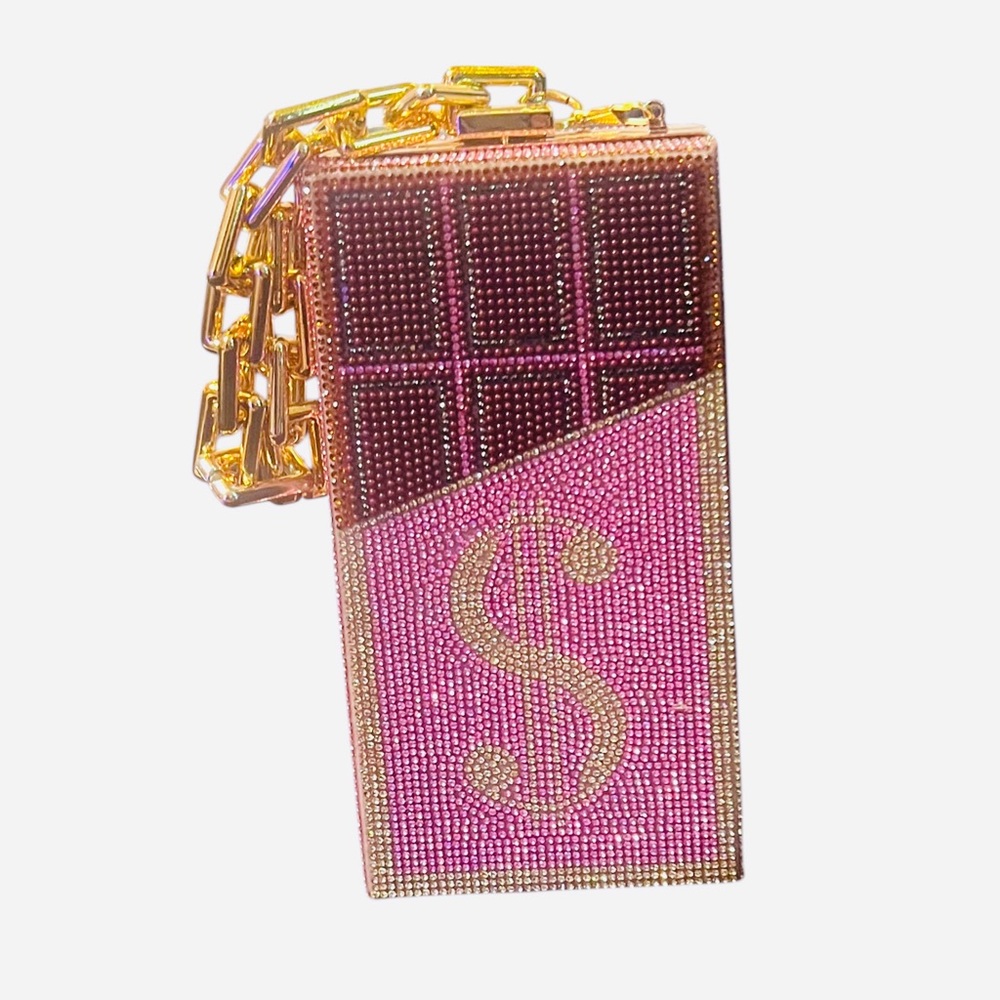 Gold  Chocolate Bar Money Sign Bling Rhinestone Clutch Bag Luxury - Picture 2 of 5
